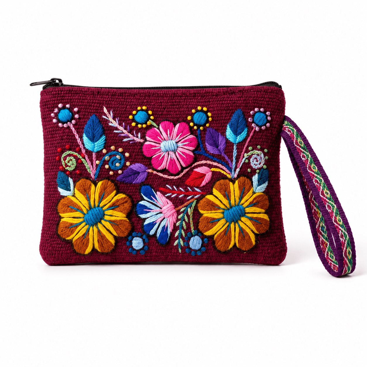 Burgundy Andean Floral Embroidered Wristlet